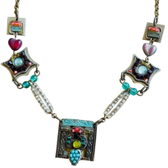 Ayala Bar AB BOHO Necklace Heart Glass Beaded Designer Blue Crystal jeweled 17